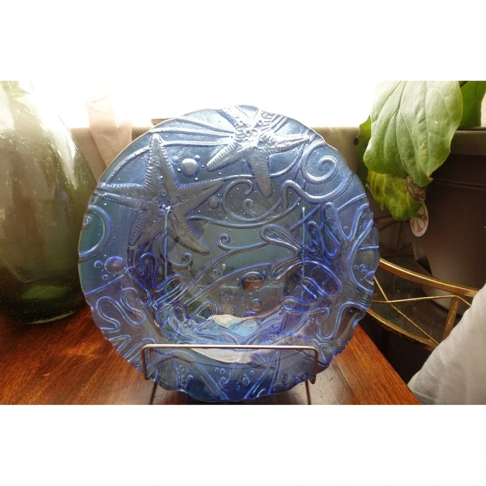 Blue Iridescent Glass Starfish Coastal‎ Nautical Serving Bowl 11 Inch Decorative